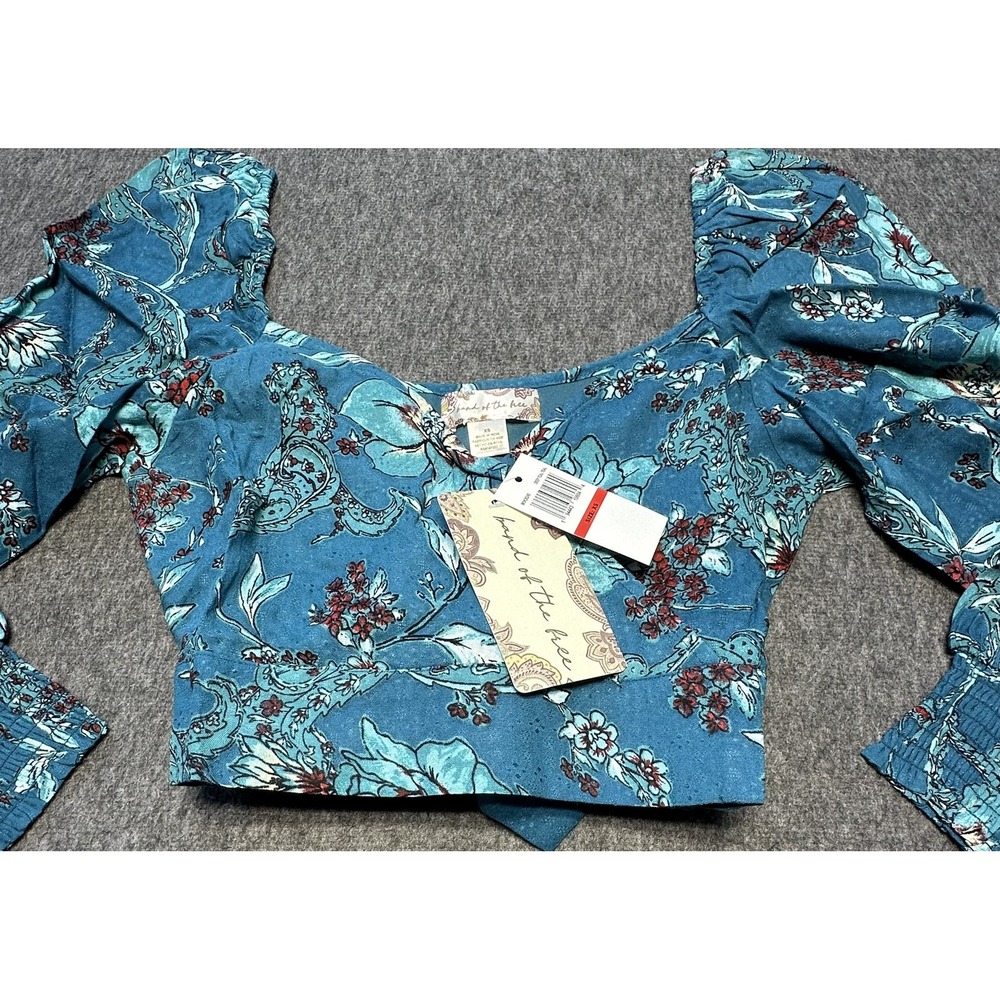 Band of the Free Top Womens XS Deep Teal Floral Boho Puff Sleeve Crop Tie Blouse